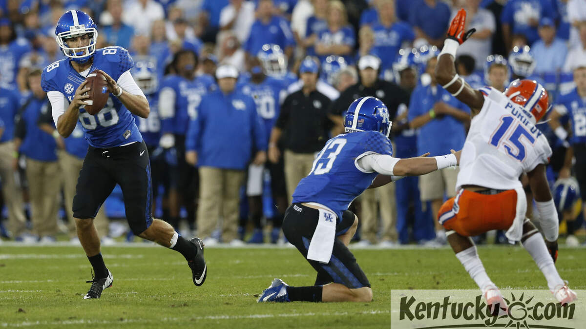 Kentucky Wildcats kicker Joe Mansour (88) took a pitch and ran for a 25 yard first quarter touchdown as Kentucky played Florida  on Saturday September 28, 2013 in Lexington, Ky. Photos by Mark Cornelison | Staff  