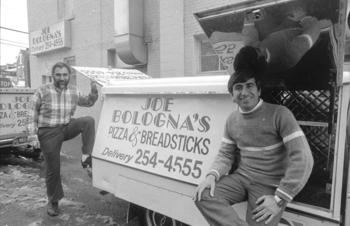 In 1987, Joe Bologna, left, and Mohammad Tamadonni, co-owner of Joe Bologna’s Delivery, debuted new delivery trucks. The service was a partnership between them and separate from the restaurant operation. They had five trucks that ferried Italian sausage, spaghetti, lasagna, breadsticks, sandwiches and more around the city during the day and pizza at night.