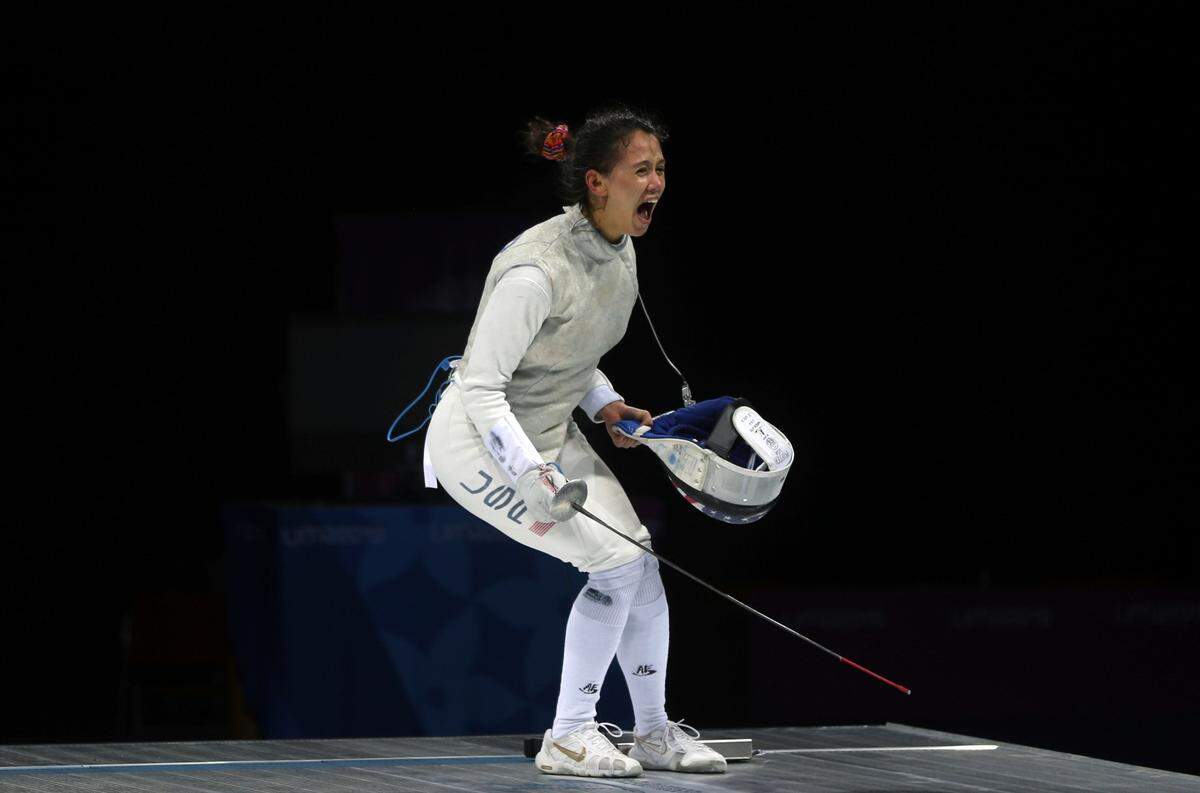 Lexington’s Lee Kiefer celebrated winning the gold medal in women’s foil at the Pan American Games on Aug. 5, 2019. The AP predicts she’ll win a bronze medal in the event at the Tokyo Olympics.