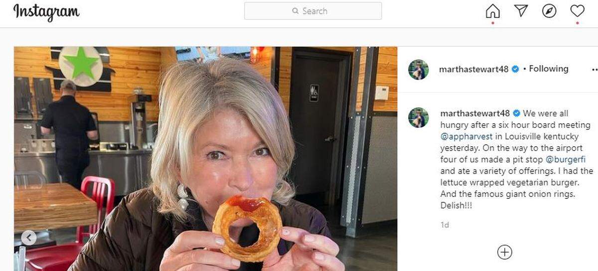 Martha Stewart apparently was in Lexington this week and stopped by BurgerFi near the University of Kentucky campus for a quick lunch.