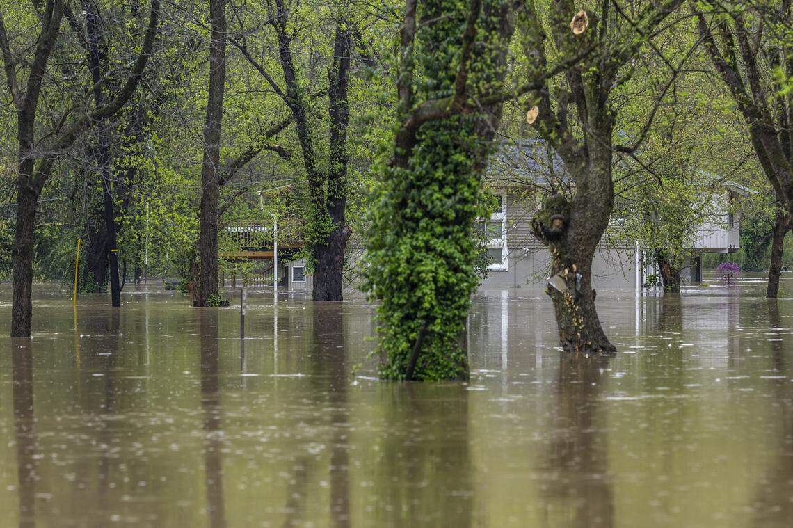 The Kentucky River floods homes and buildings along Palisades Road in Mercer County, Ky., on Saturday, April 5, 2025.
