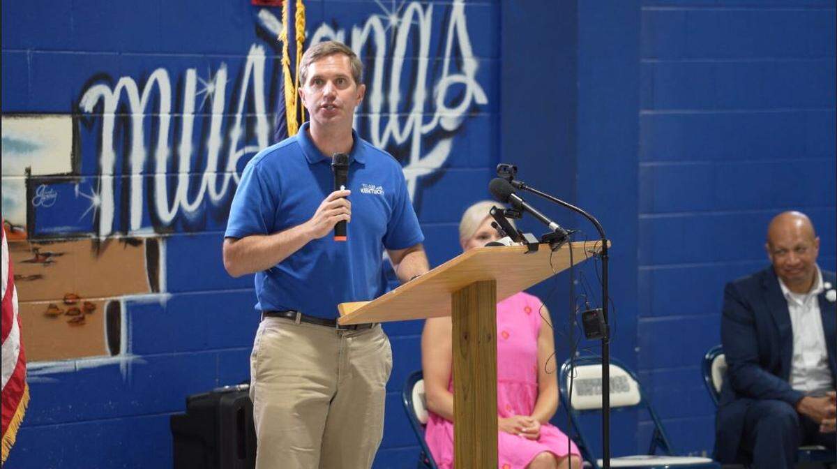 Gov. Andy Beshear spoke July 12, 2022, inside the Mayfield Youth Development Center to celebrate the facility’s repairs after it suffered tornado damage the previous year.
