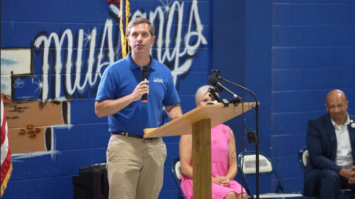 Gov. Andy Beshear spoke July 12, 2022, inside the Mayfield Youth Development Center to celebrate the facility’s repairs after it suffered tornado damage the previous year.