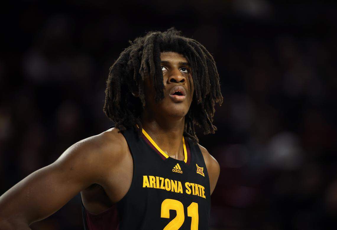 Jan 11, 2025; Tempe, Arizona, USA; Arizona State Sun Devils forward Jayden Quaintance (21) against the Baylor Bears at Desert Financial Arena. Mandatory Credit: Mark J. Rebilas-Imagn Images