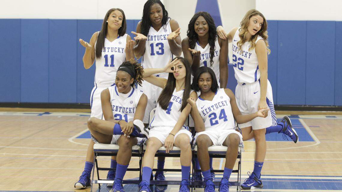 New team members, top row; Morgan Rich (11), Evelyn Akhator (13), Batouly Camara (1) and Makenzie Cann (22), seated Chrishae Rowe (21) Maci Morris (4) and Taylor Murray (24) posed for a group photo during Kentucky women's basketball photo day at Joe Craft Center at the University of Kentucky in Lexington, Ky., on Sept. 2, 2015. Photo by Pablo Alcala | Staff