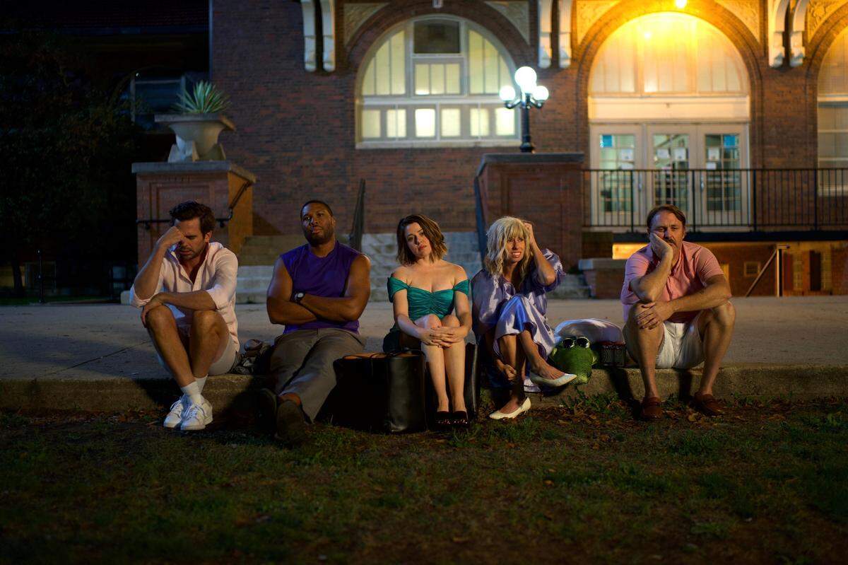 From left, David Walton as Mike Young, Geno Walker as Travis Wise, Majandra Delfino as Pam Young, Audrey Francis as Karen Perdue, and Jason Boggs as Doug Schmidt in “Later Days”.