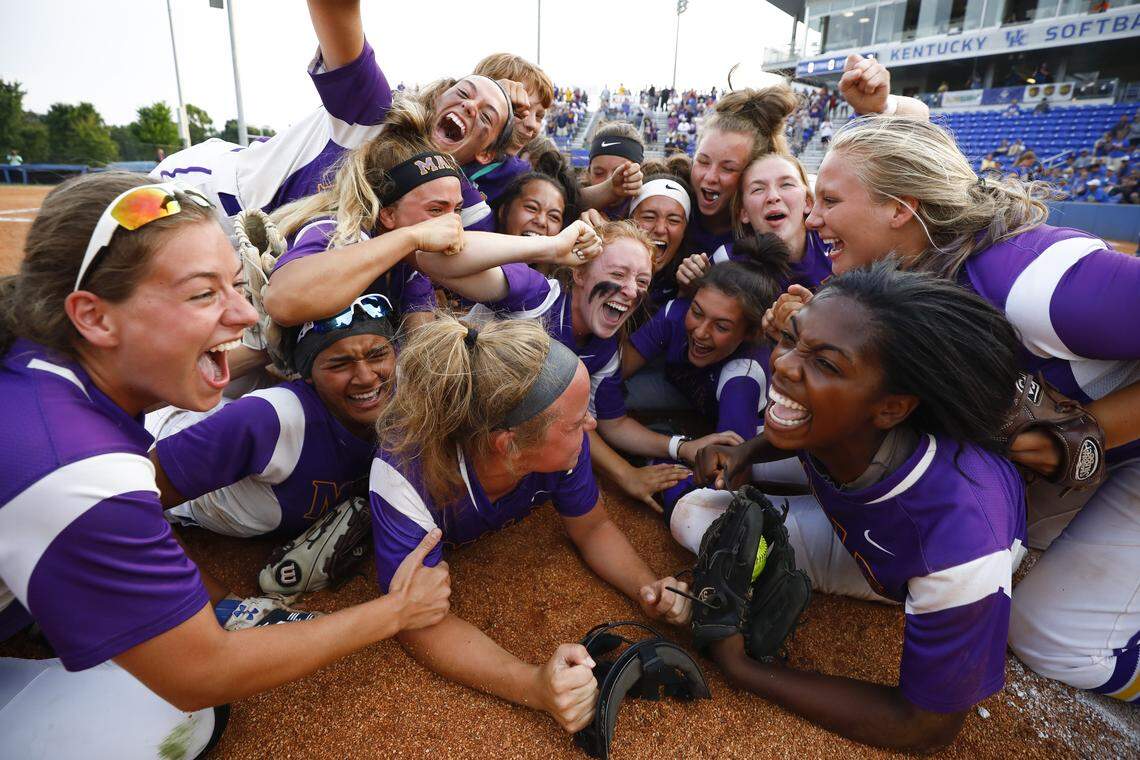 Male celebrates after defeating Warren East 6-1 in the KHSAA State Softball Tournament championship at John Cropp Stadium in Lexington, Ky., Saturday, June 15, 2019.