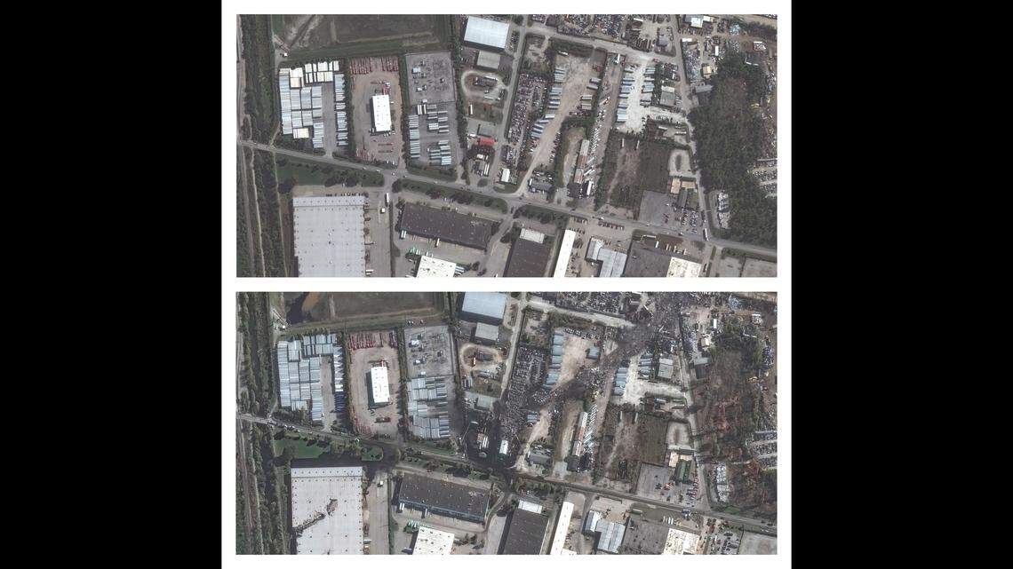 Satellite imagery shows before and after comparisons of the area where a UPS airplane crashed in Louisville, Ky. on Nov. 4, 2025.
