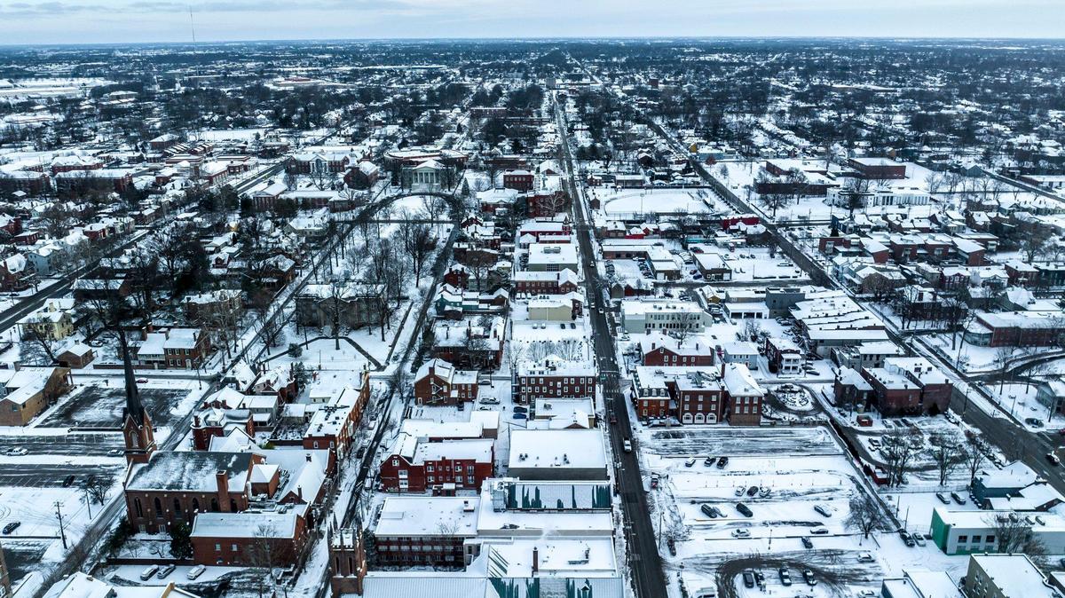 Snow covers downtown Lexington, Jan. 16, 2024. Fayette schools had five days of canceled classes because of winter weather but will be in-person on Tuesday.