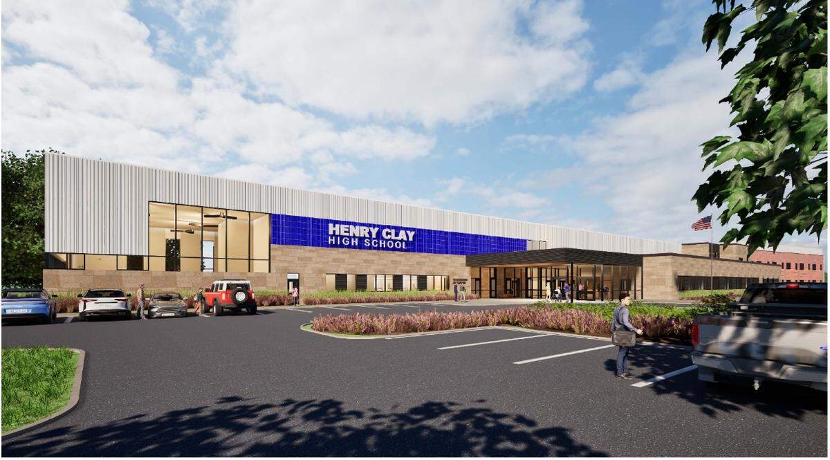 Rendering of north visitor entrance to proposed new Henry Clay High School in Lexington.