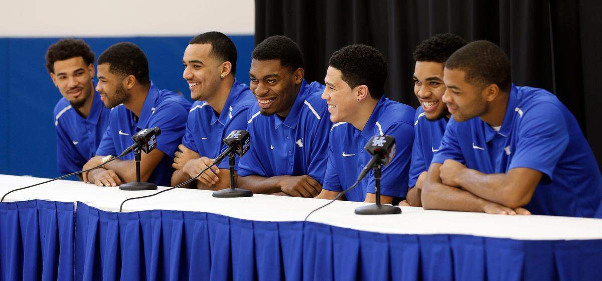 On April 9, 2015, seven Kentucky players announced they were leaving school early to enter that year’s NBA draft. From left: Willie Cauley-Stein, Andrew Harrison, Trey Lyles, Dakari Johnson, Devin Booker, Karl-Anthony Towns and Aaron Harrison. Towns was the No. 1 overall pick, and they only player who went undrafted was Aaron Harrison, who later played parts of three seasons in the NBA.