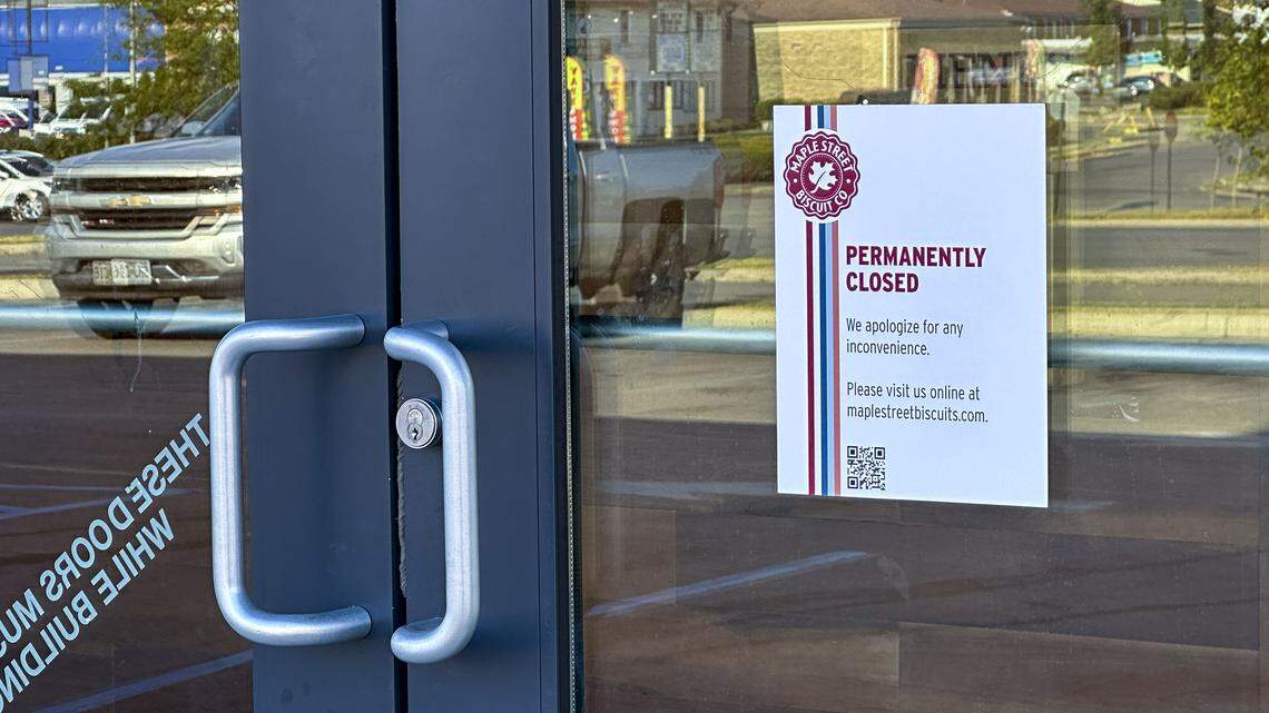 A sign on the front door of Maple Street Biscuit Company says the restaurant is closed, Thursday, Sept. 18, in Lexington, Ky. The breakfast restaurant was known for fresh-made biscuits.