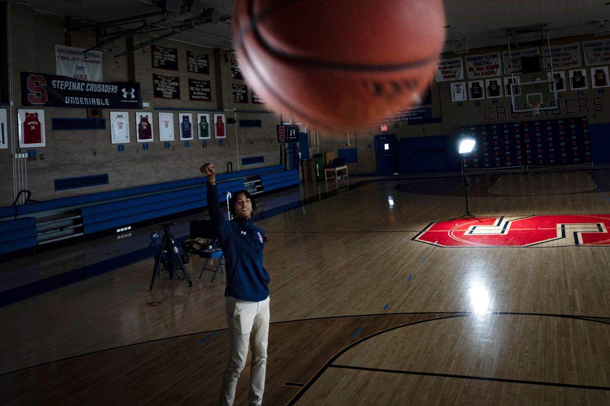Johnuel “Boogie” Fland puts up a shot at Archbishop Stepinac High School in White Plains, N.Y. Fland is a top-10 prospect in the class of 2024.