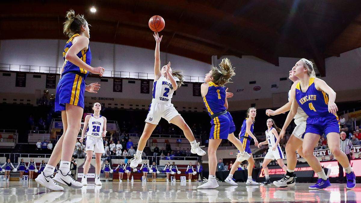 Walton-Verona’s Haylee Neeley (2) shot over Newport Central Catholic’s Annie Heck (1) during the All ‘A’ Classic at Eastern Kentucky University’s McBrayer Arena in Richmond on Jan. 22, 2020.