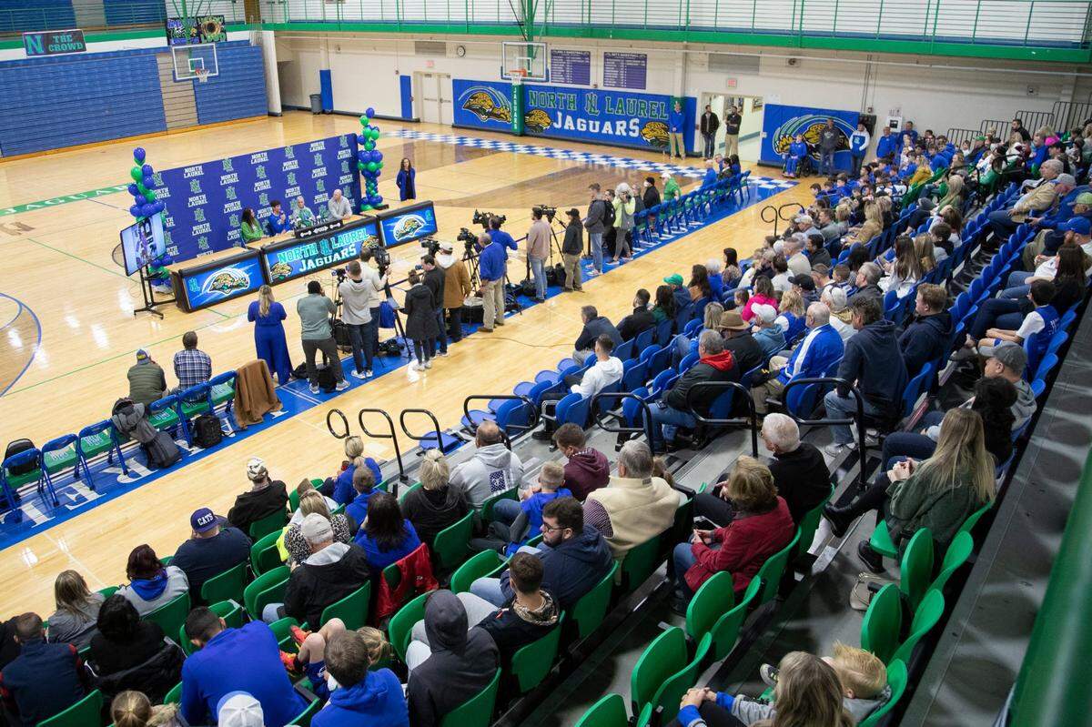 Teammates, family and friends gather to hear North Laurel High School basketball star Reed Sheppard announce his college decision on Saturday morning in London. Sheppard, a high school junior, announced he will play at UK.