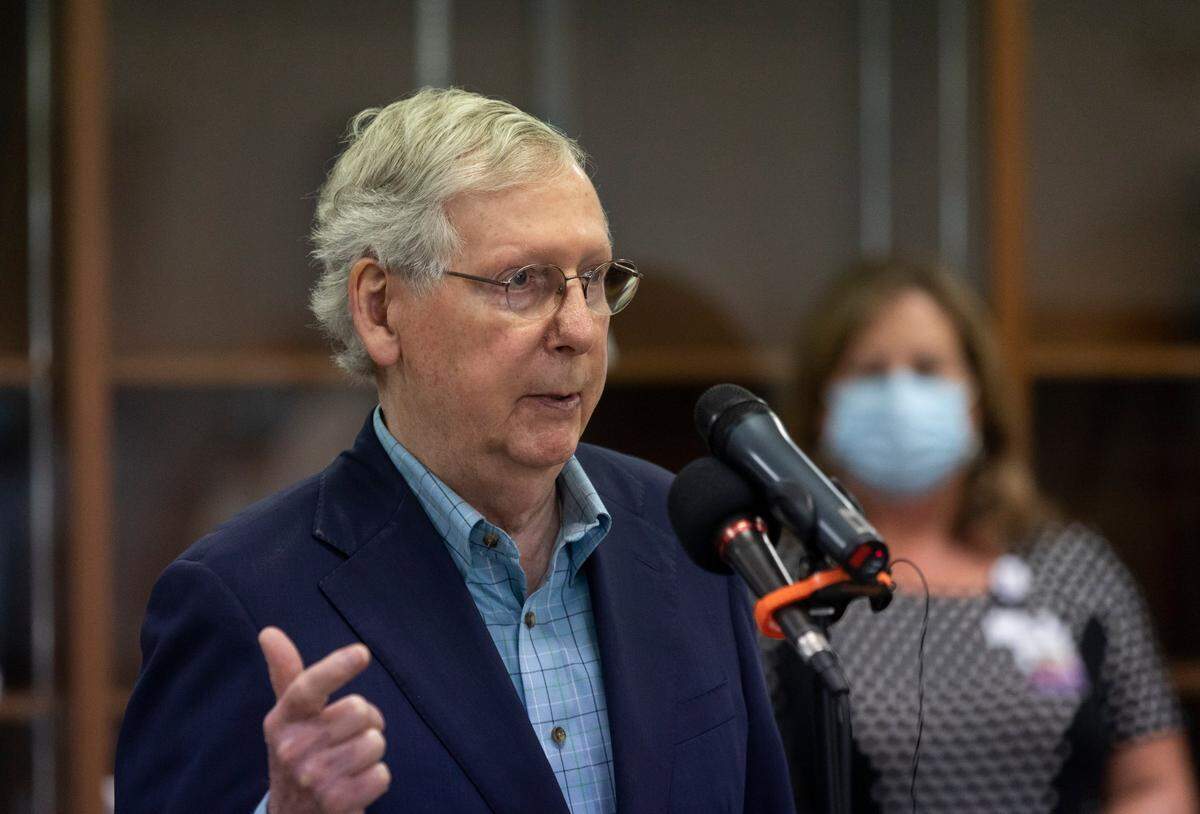 Sen. Mitch McConnell speaks during a press conference at Sterling Health Care in Mt. Sterling, Ky., Wednesday, July 8, 2020.