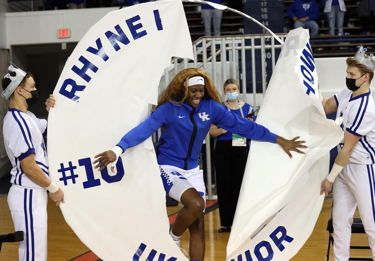Kentucky’s Rhyne Howard runs through the hoop as part of Senior Day activities before Sunday’s game against Auburn.