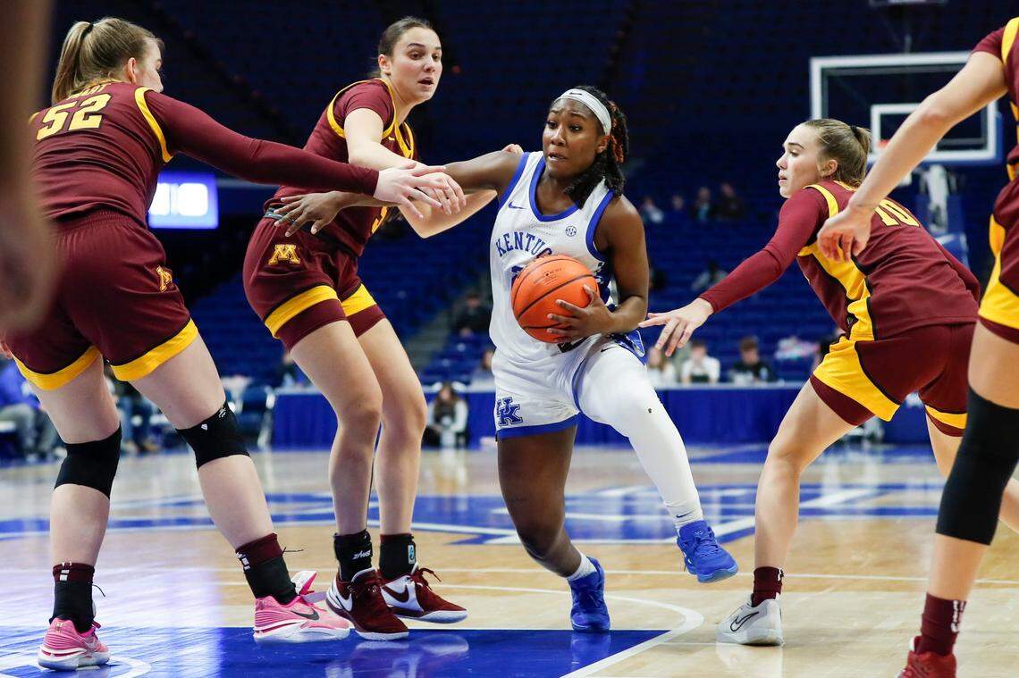 Saniah Tyler (2), who drove to the basket against Minnesota on Dec. 6, is averaging 10.1 points and 28.8 minutes per game this season for Kentucky.
