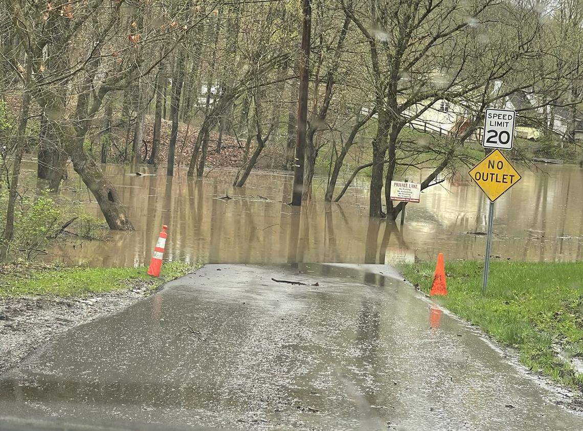 Floodwaters closed a road in Pendleton County on Saturday, April 4, 2025. The county issued an emergency evacuation order Saturday morning for residents of Butler and Falmouth as the Licking River continued to rise.