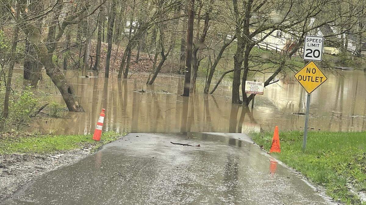 Floodwaters closed a road in Pendleton County on Saturday, April 4, 2025. The county issued an emergency evacuation order Saturday morning for residents of Butler and Falmouth as the Licking River continued to rise.