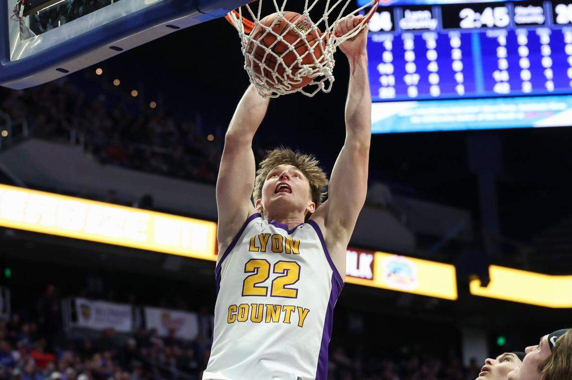 Lyon County’s Brady Shoulders (22) provided 15 points, seven rebounds and three steals in Saturday night’s state championship game win over Harlan County.