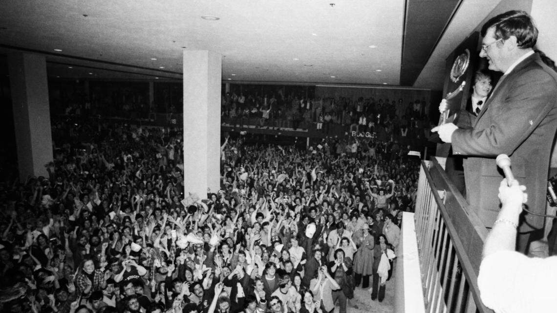 Coach Joe B. Hall looked out over the crowd of 7,000 fans that greeted the champion Kentucky Wildcats at Blue Grass Field upon their return from defeating Duke in the NCAA title game in St. Louis on March 28, 1978.
