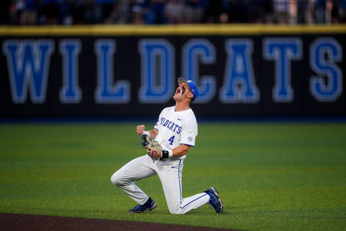 Kentucky second baseman Emilien Pitre let out a yell as the Wildcats took down Indiana to win the Lexington Regional at Kentucky Proud Park on Monday night.