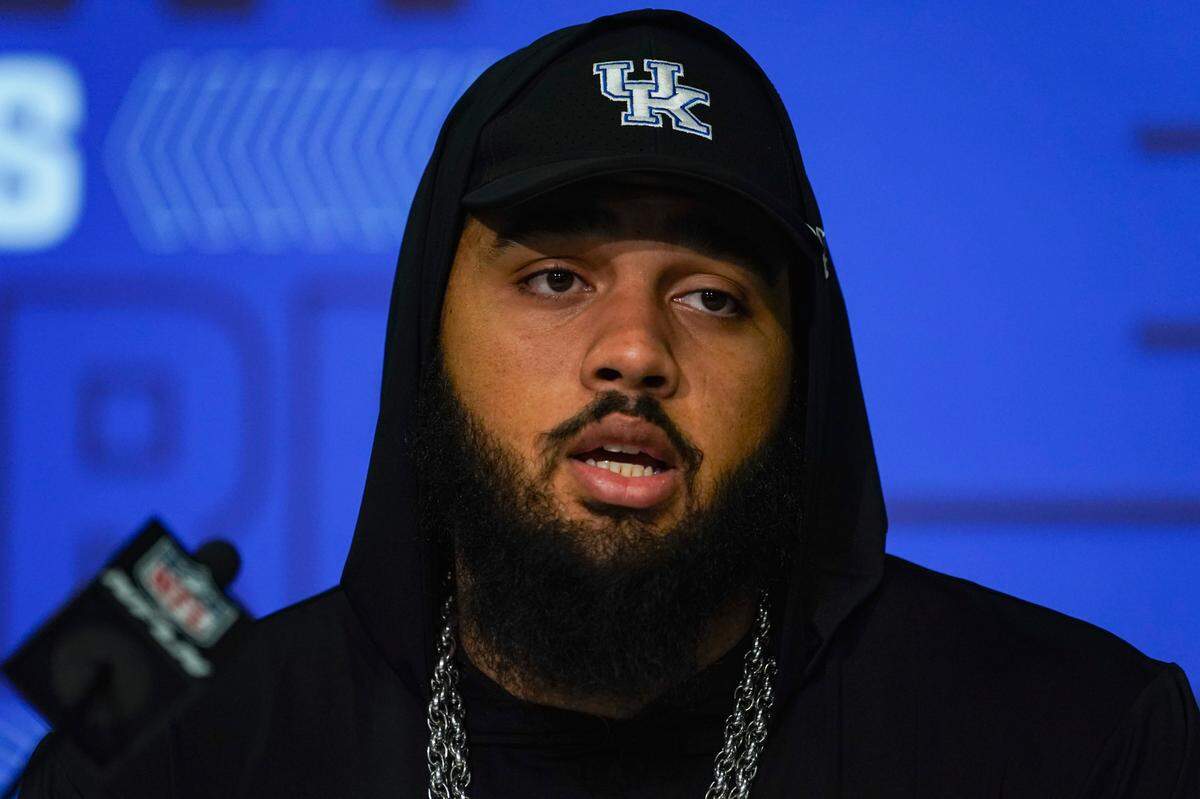 Kentucky offensive lineman Darian Kinnard speaks during a press conference at the NFL football scouting combine in Indianapolis, Thursday, March 3, 2022. (AP Photo/Michael Conroy)