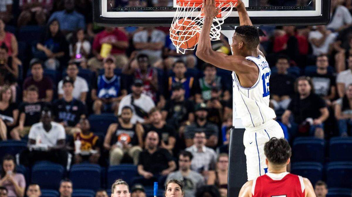 Duke junior forward Javin DeLaurier dunks during Sunday’s college basketball exhibition game with McGill at Place Bell in Laval, Quebec, Canada. Duke plays Kentucky in the season opener on Nov. 6 in Indianapolis.