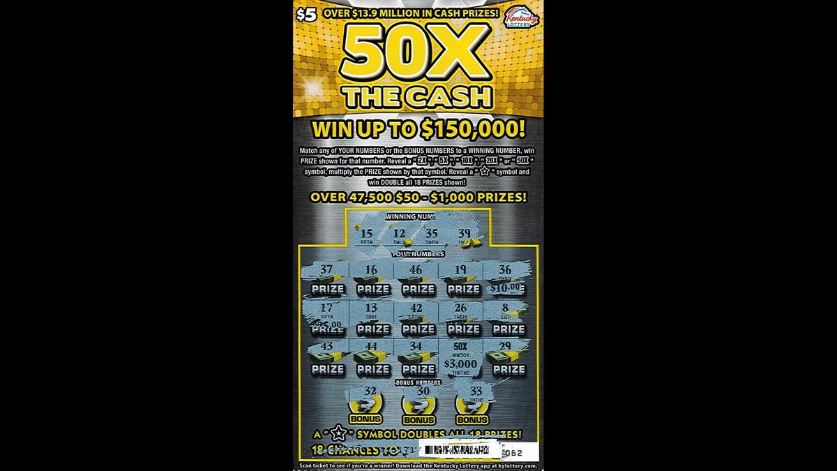 Charles Stallard’s winning ticket for the 50X The Cash scratch-off game. Stallard scratched-off the 50 times multiplier that applied to his $3,000 prize.