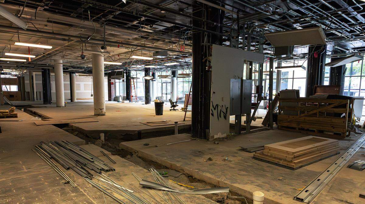 Bare-bones area under construction, designed to house a future wine bar and entertainment area in the PNC Bank branch office, currently undergoing renovations at 325 West Main on May 20, 2026. 