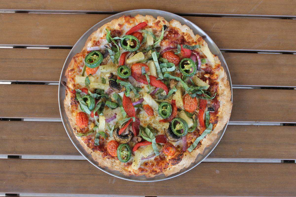 The vegetarian pizza option from Pie Five is called Not Your Father’s Veggie and it has loads of veggies and cheese and even pineapple.
