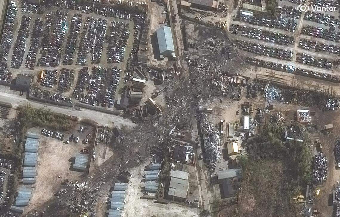 Satellite imagery shows the damage at Grade A Auto Parts after a UPS airplane crashed in Louisville, Ky. on Nov. 4, 2025.