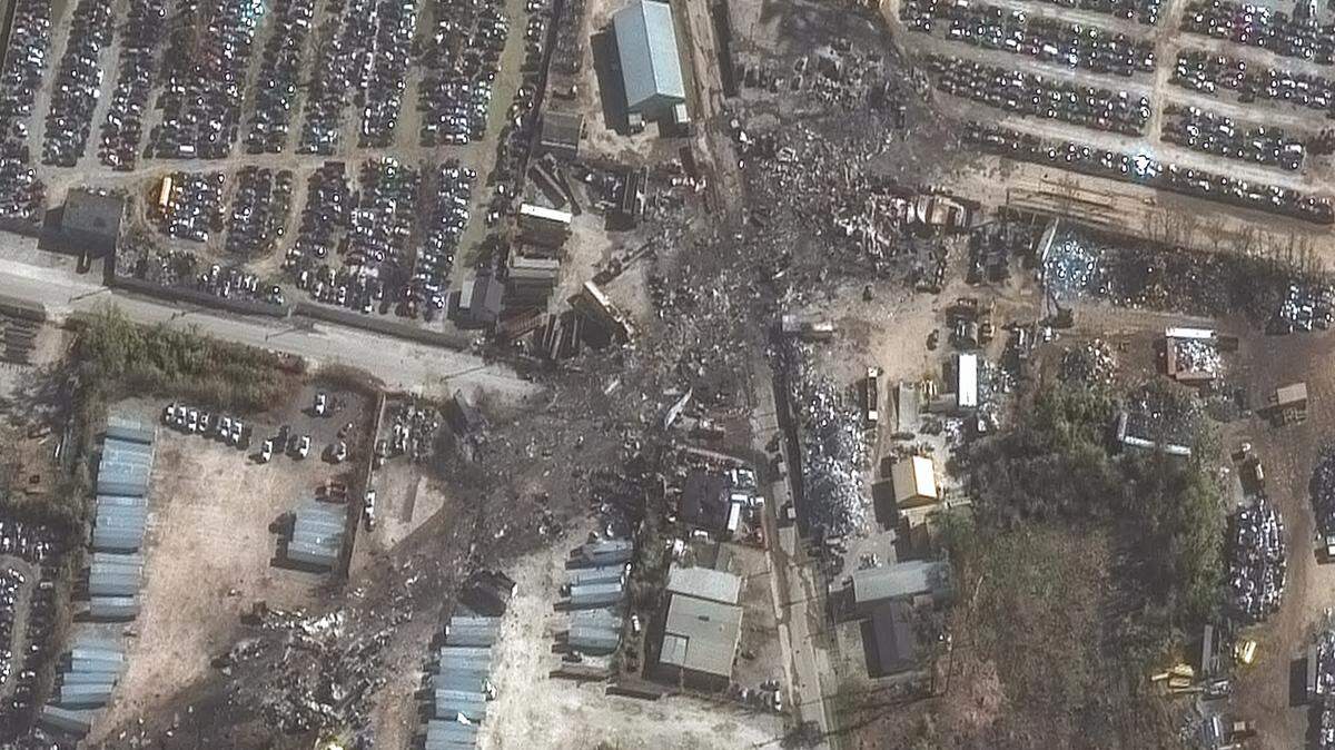 Satellite imagery shows the damage at Grade A Auto Parts after a UPS airplane crashed in Louisville, Ky. on Nov. 4, 2025.