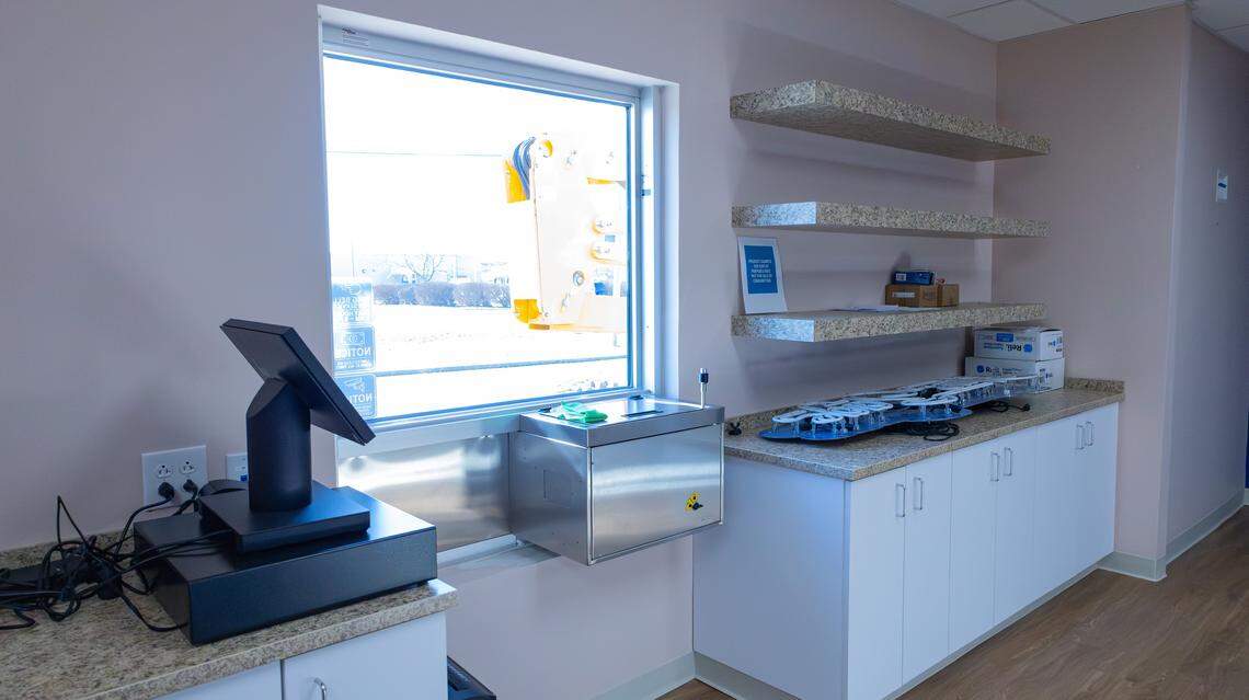 A drive-through window adds to customer convenience at Blue Sage, a new medical marijuana dispensary set to open on 172 Imperial Way, in Nicholasville, Ky,  on Jan. 12, 2026.