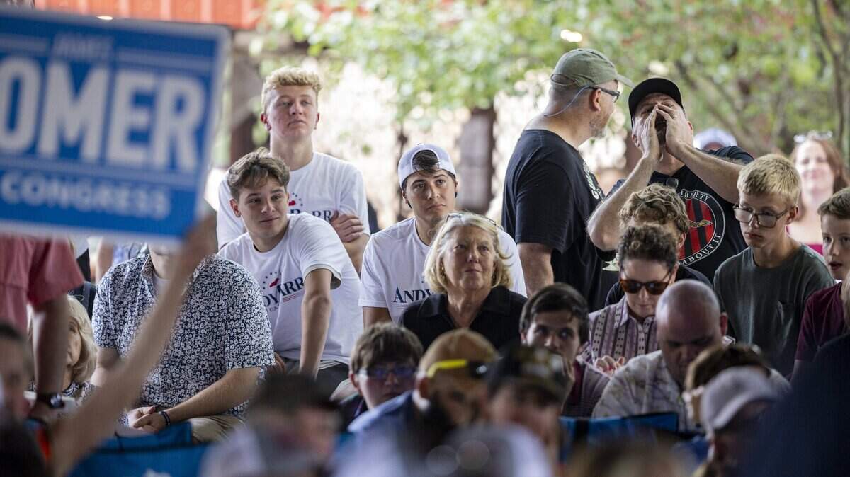 Fans cheer during Fancy Farm Picnic on Saturday, Aug. 2, 2025, at St. Jerome Church in Fancy Farm, Ky.