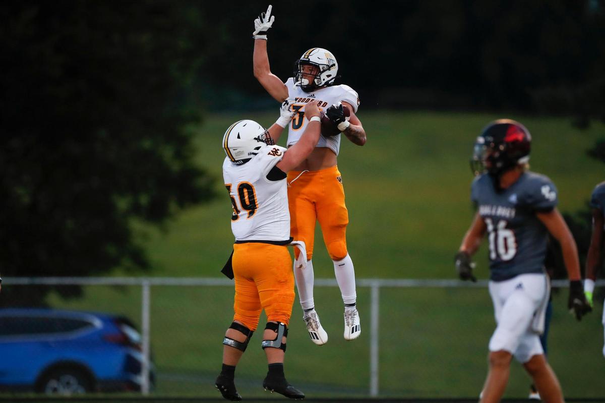 Woodford County’s Preston Stacy (36) celebrates scoring a touchdown in the first quarter. The senior rushed for 67 yards and two touchdowns in the win.