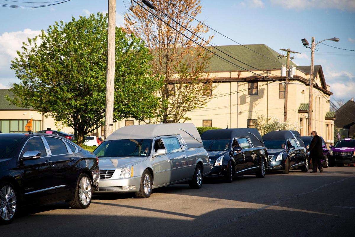 Hearses line the street preparing for the during the symbolic funeral procession during the drive-in “Stop the Violence” rally at Shiloh Baptist Church in Lexington, Ky., on Tuesday, April 20, 2021.