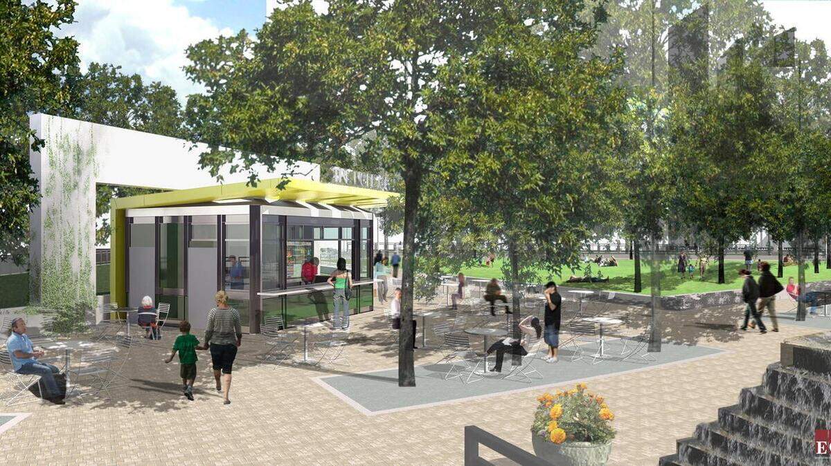 An artist's rendering of proposed changes to downtown's  Triangle Park, which include a café. Work is to begin Monday.      