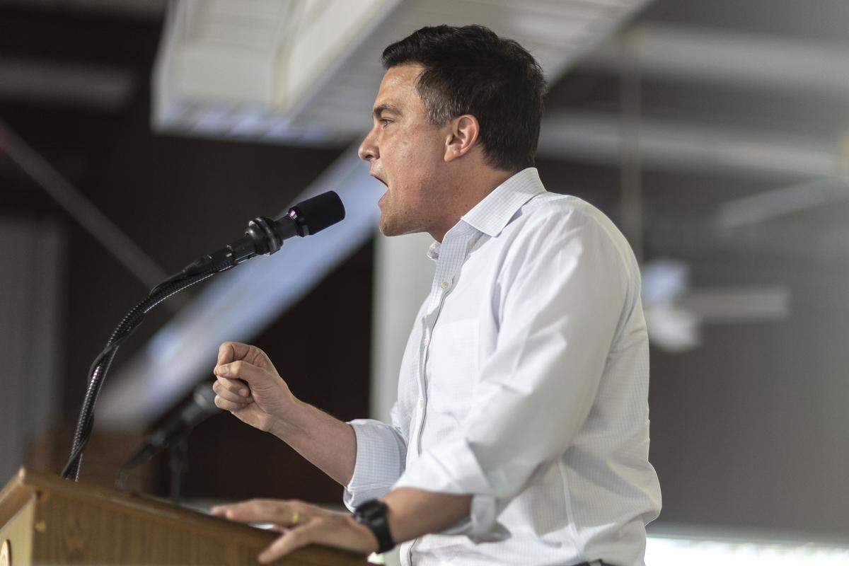 Nate Morris, a candidate for U.S. Senate, delivers a speech at the 145th annual St. Jerome Fancy Farm Picnic in Fancy Farm, Ky., on Saturday, Aug. 2, 2025.