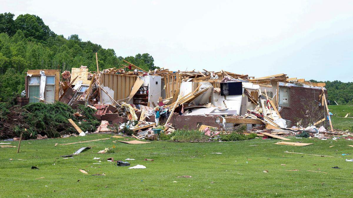 A damaged home on Cedar Ridge Drive in the Crooked Creek neighborhood east of London, Ky., Sunday, May 18, 2025. Two days earlier, thunderstorms and a deadly tornado ripped through the Laurel County, destroying many homes.