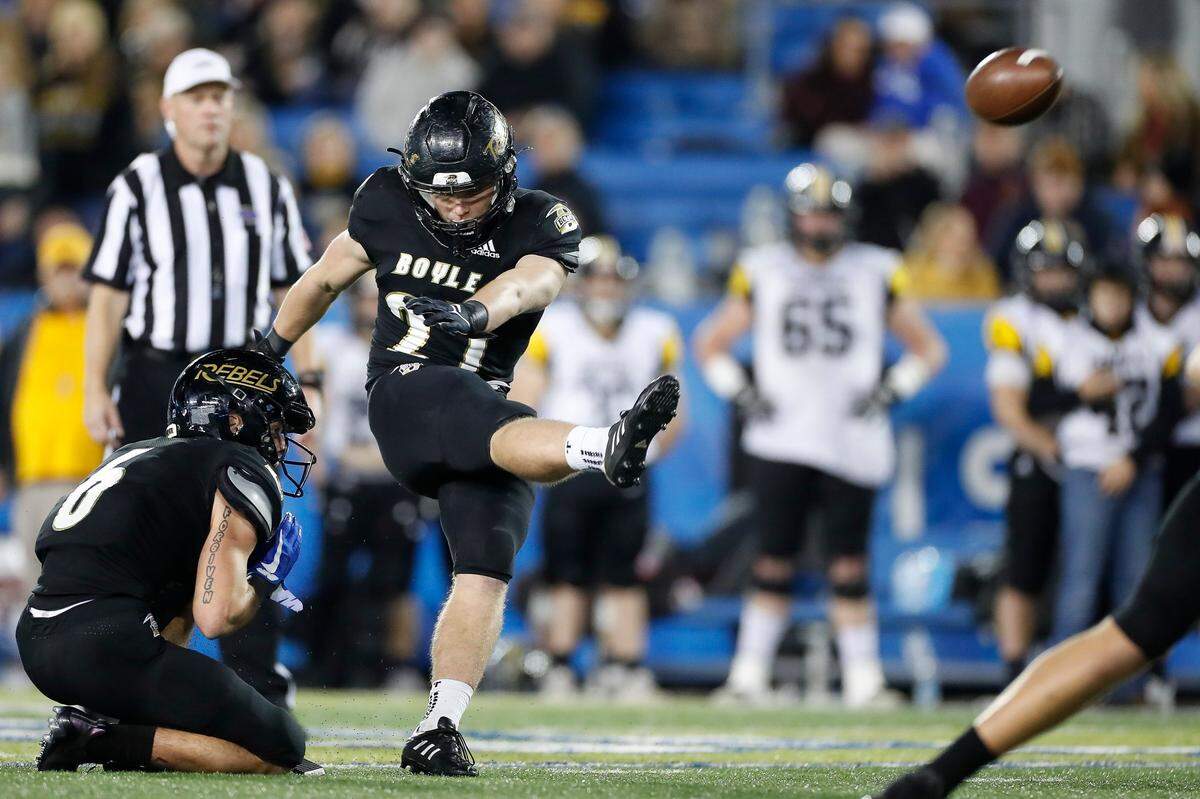 Boyle County’s Jackson Smith (27) kicks a field goal during the 2021 UK Orthopaedics Class 4A State Football Final against Johnson Central at Kroger Field in Lexington, Ky., Friday, Dec. 3, 2021. Boyle County beat Johnson Central 30-13.