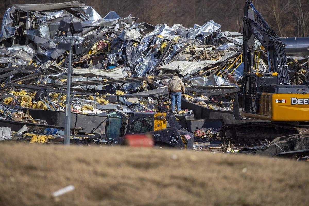 The scene at Mayfield Consumer Products, a candle factory, on Saturday, Dec. 11, 2021, after a tornado traveled through the region Friday night.