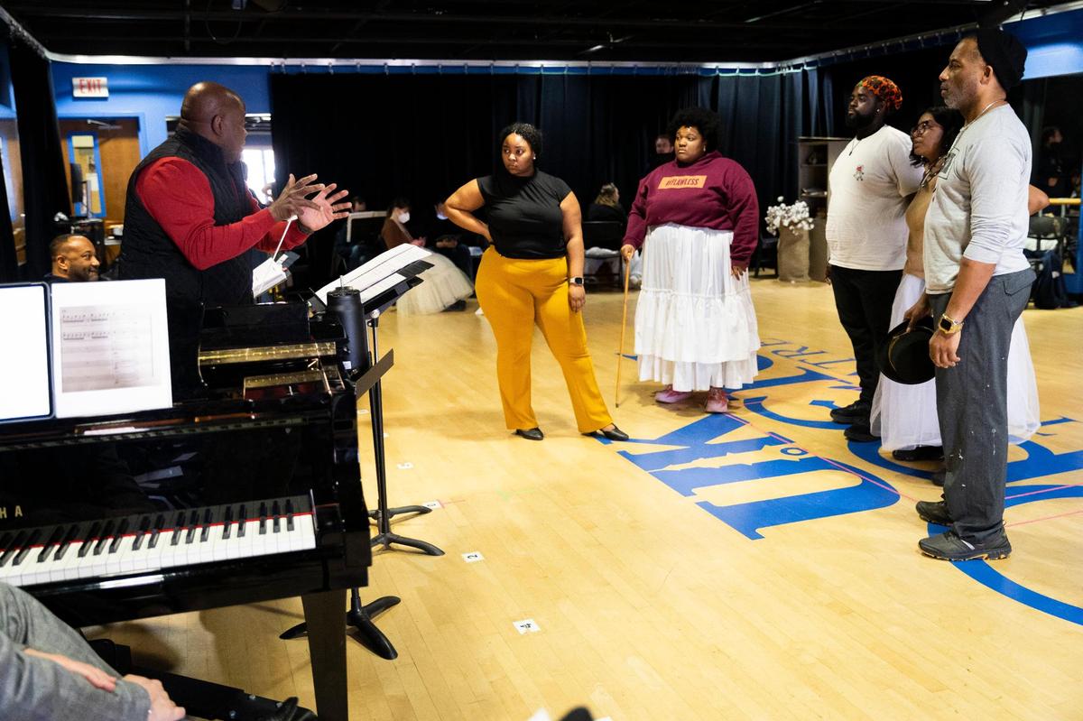 Dr. Everett McCorvey, Sanctuary Road conductor and Director of UK Opera Theatre, works with the cast during rehearsal on Saturday, March 1, 2025.