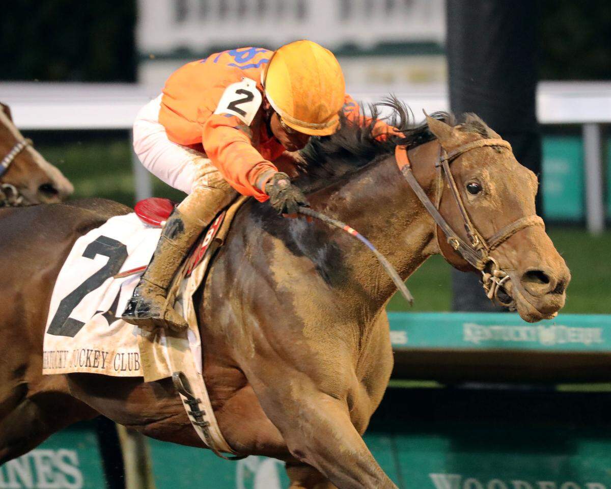 Kentucky Derby hopeful Honor Marie, with Rafael Bejarano aboard, wins the Kentucky Jockey Club Stakes at Churchill Downs on Nov. 25, 2023.