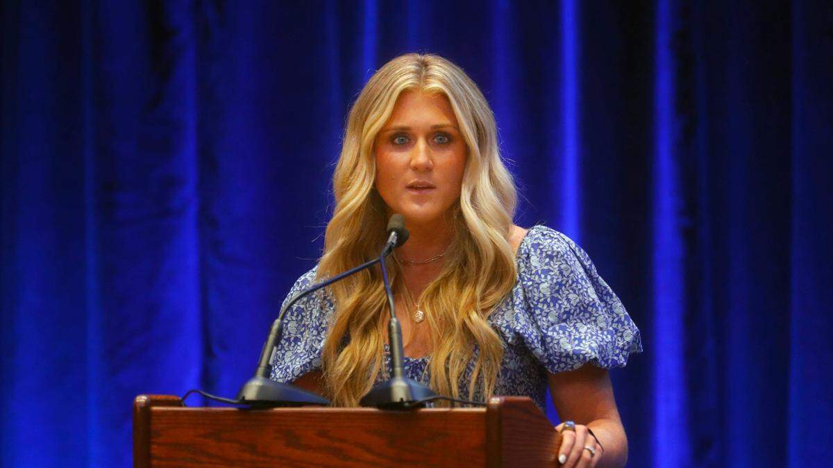 University of Kentucky Championship Swimmer and Leading Advocate for Women in Athletics Riley Gaines spoke at the 107th Annual Lincoln Day Dinner at the Kentucky State Fair.Aug 23, 2023