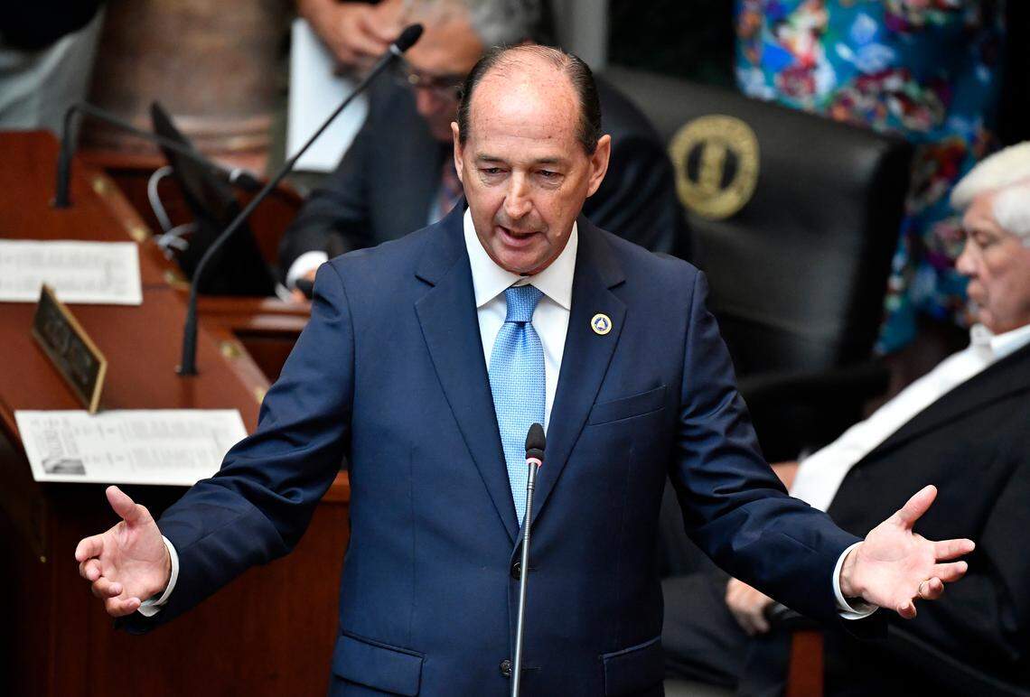 Kentucky House Minority Floor Leader Rocky Adkins, D-Sandy Hook, addresses the members of the House during the opening day of the special session of the Kentucky General Assembly in Frankfort on Friday, July 19, 2019.