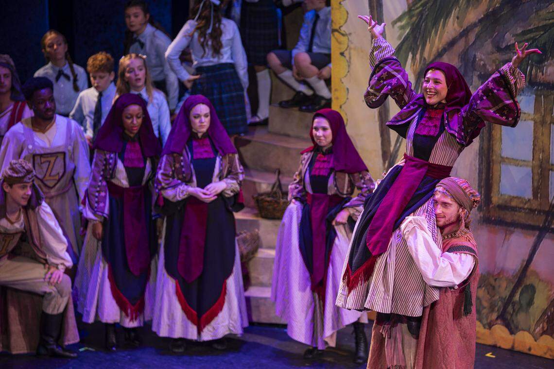 Actors practice stunts during a rehearsal of Joseph and The Amazing Technicolor Dreamcoat Monday, July 28, 2025, at the Lexington Opera House in Lexington, Ky.