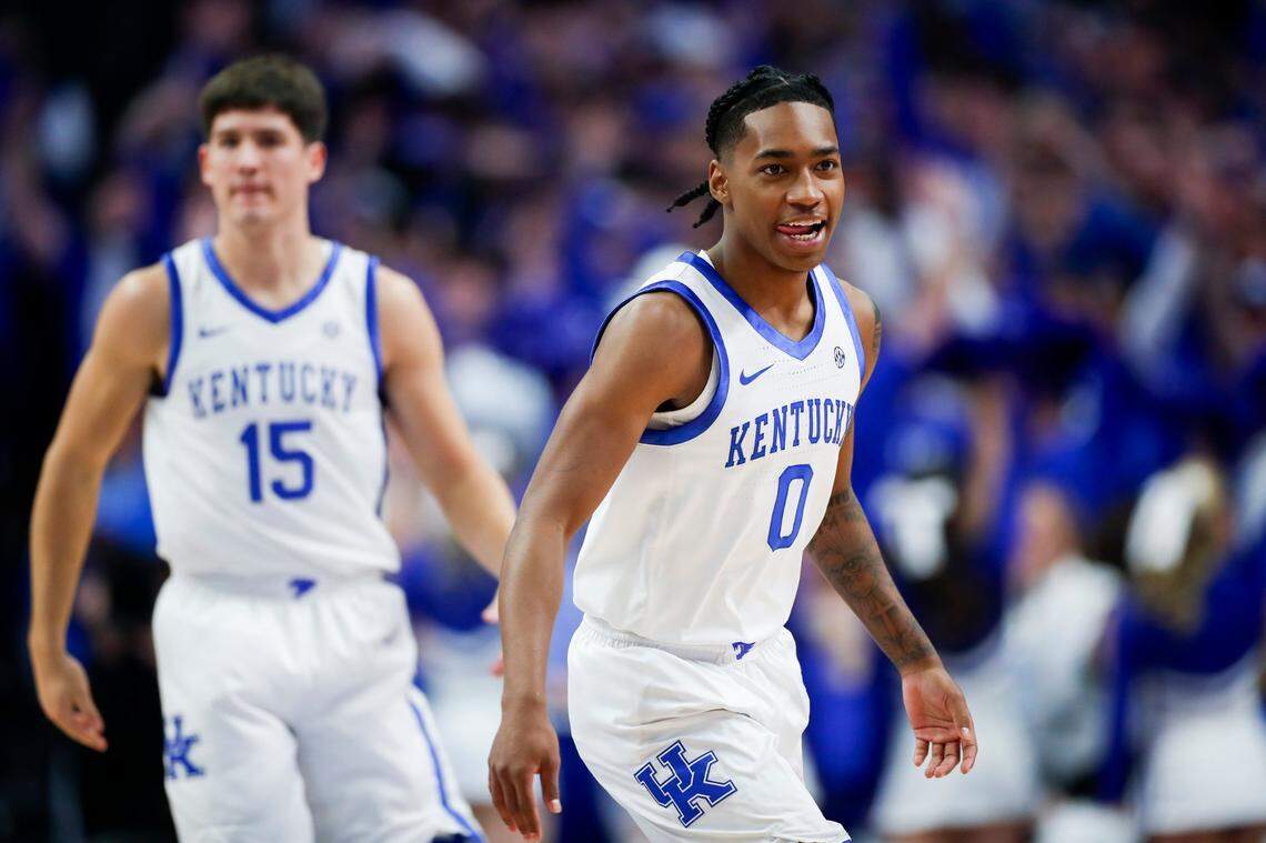 Kentucky’s Rob Dillingham, right, and Reed Sheppard are viewed as NBA lottery picks in the 2024 draft.
