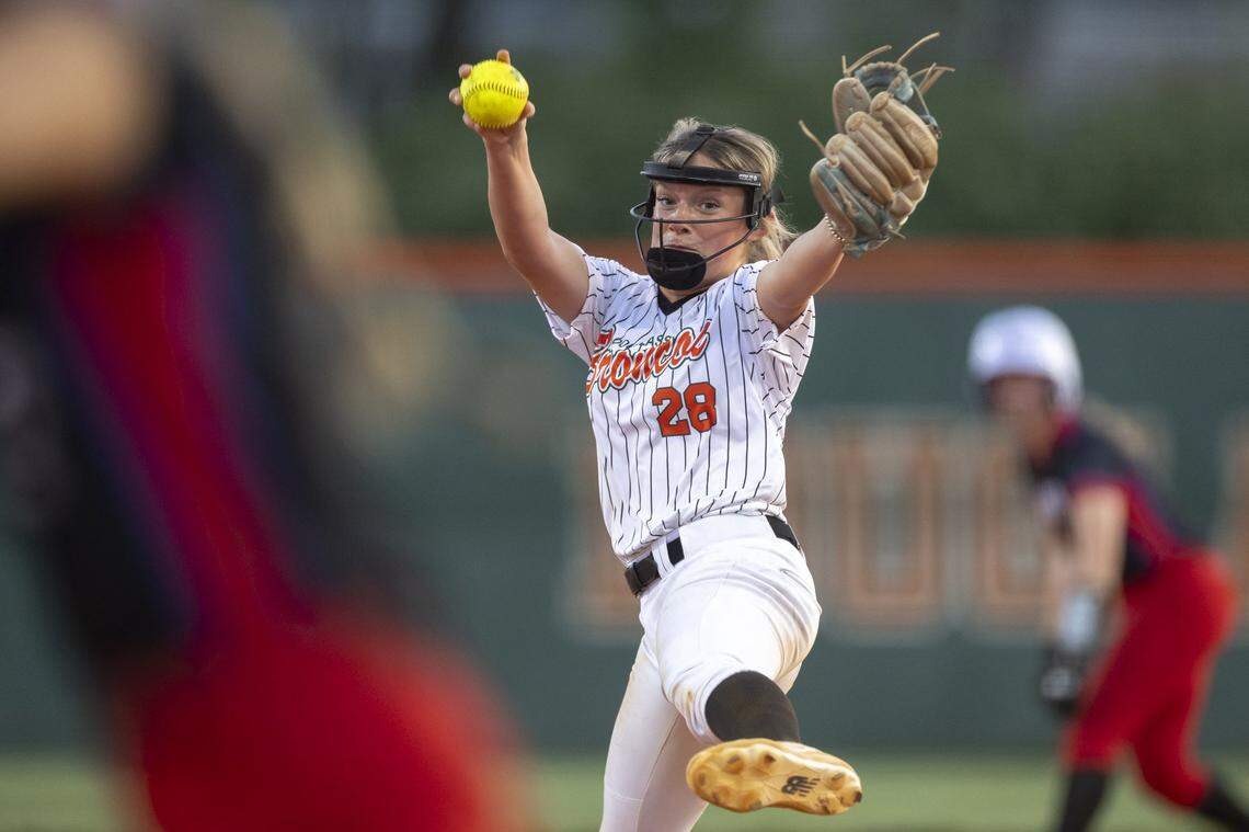 Frederick Douglass' Savannah Wombles (28) pitches during a game against Lafayette at Frederick Douglass High School in Lexington, Ky., on Tuesday, April 14, 2026.